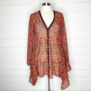 Ivy Jane Chevron Open Knit Ruffle Peplum Cardigan Orange Brown Medium